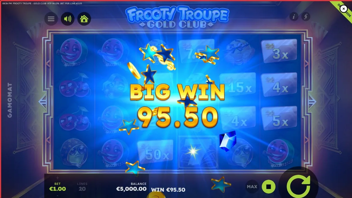 Interface do jogo de slot Frooty Troupe – Gold Club com tema luxuoso