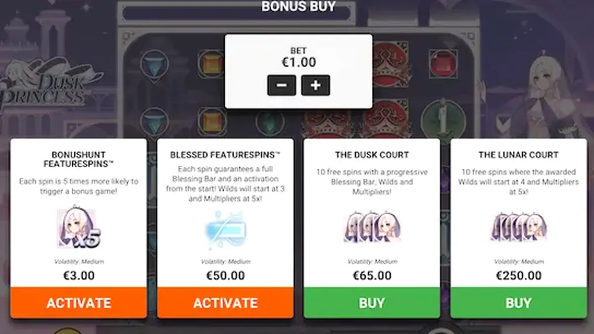 Dusk Princess slot game interface featuring Princess Luna and magical twilight castle background